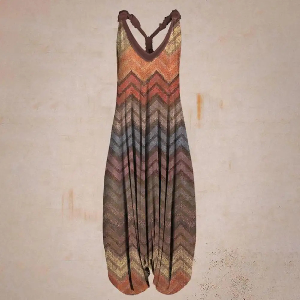 Vintage Ethnic Style S-4XL Women Casual Floral Rompers Loose Boho Casual Jumpsuits Sleeveless Print Strappy Jumpsuit 240813