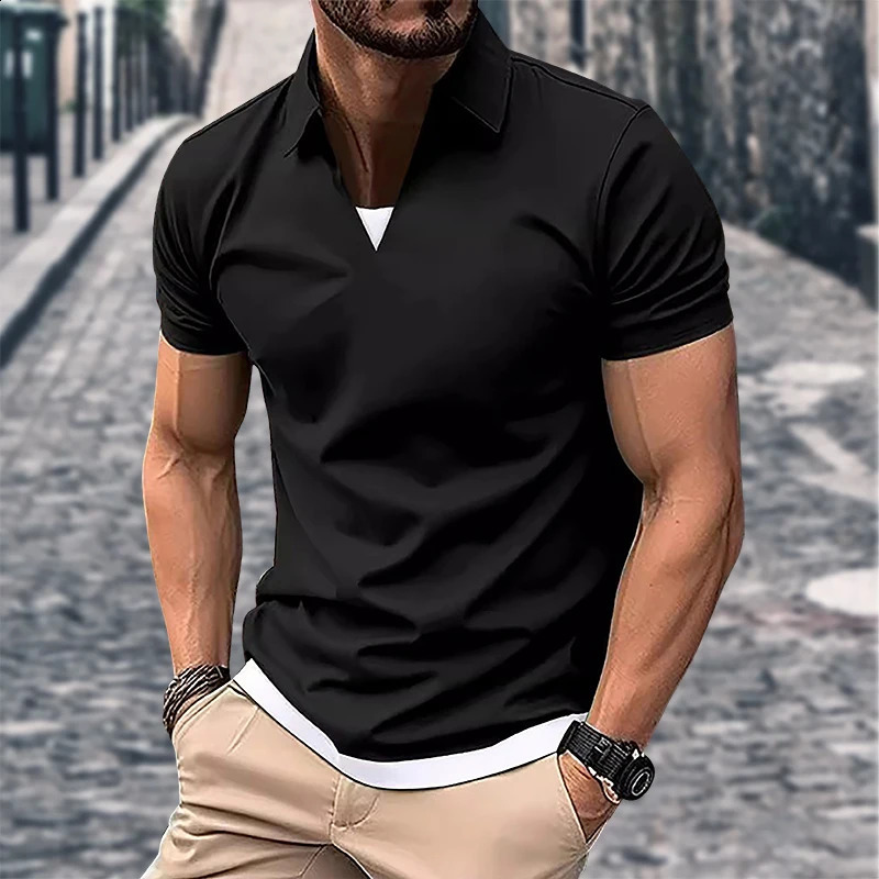2024 summer mens casual short-sleeved Polo shirt solid color lapel fashion sports breathable T-shirt top 240813