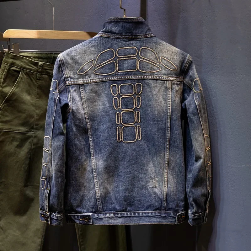 2024 Motorcycle Mens Denim Jacket Wing Eye n Street Trend Retro Loose Embroidered 240809