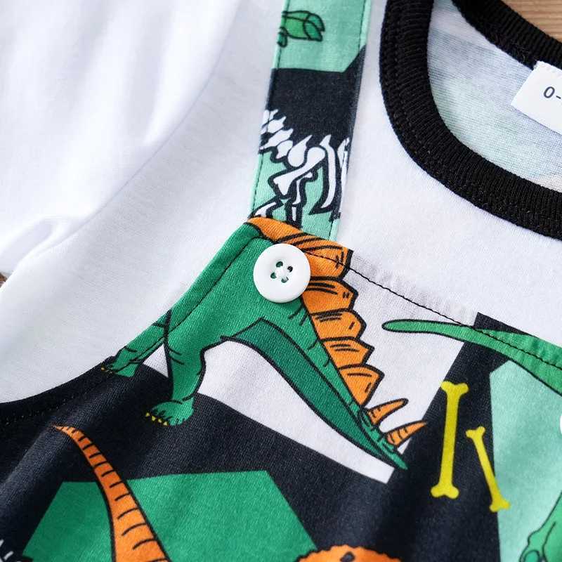 Newborn Clothing Handsome Cartoon Dinosaur Fake Belt Full Print Soft Summer Boys and Girls 0-18 Short Sleeve Baby Tight Clothes W240812