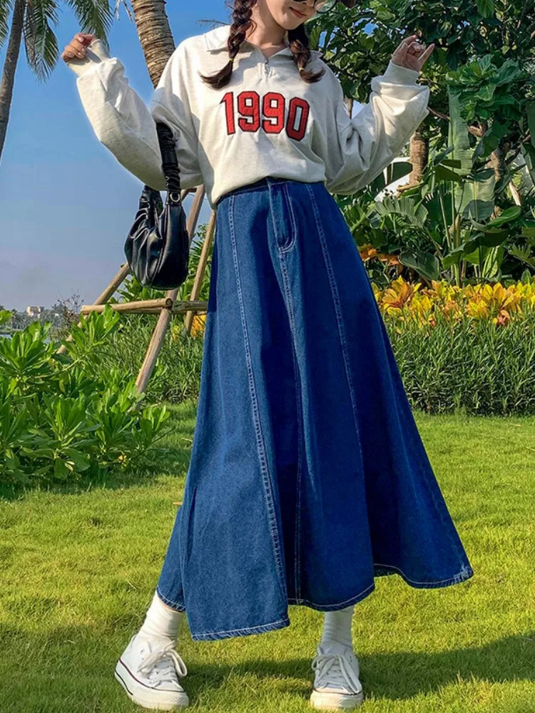 Maxi Long Skirts Women Spring Summer Casual High Waisted Jean Skirt Ladies Splicing A-Line Ruffle Denim Skirt Plus Size 5XL 6XL 240812