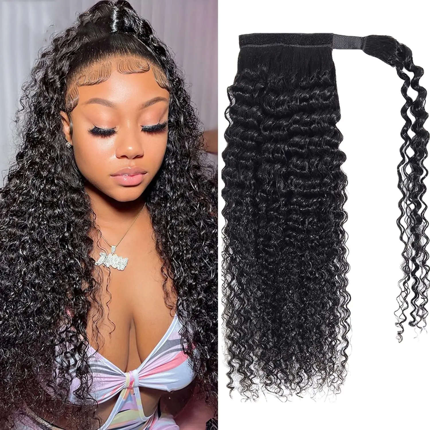 Water Wave Ponytail Human Hair Wrap Around Ponytail Extensions Curly Remy Hair Ponytails Clip in Hair Extensions 10 to 32 Inches