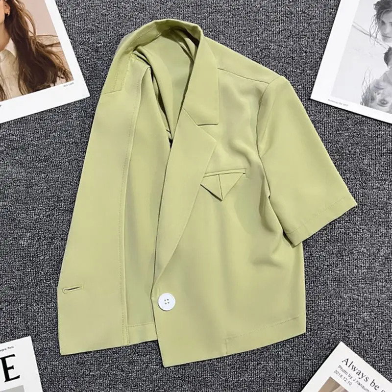 Korean Fashion Versatile Summer Womens Notched Solid Single Button Simplicity Office Lady Loose Short Sleeve Blazers Tops 240812