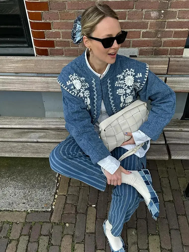 Warm print blue pocket cotton jacket for womens fashion round neck long sleeved casual clothing 240808
