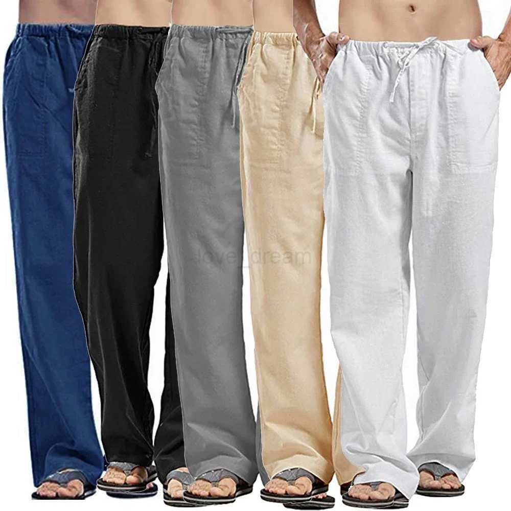 Mens Cotton Linen Pants Multiple Pockets Linen Breathable Pants Elastic Waist Fitness Joggers Trousers Casual Loose SweatpantsXJ240813