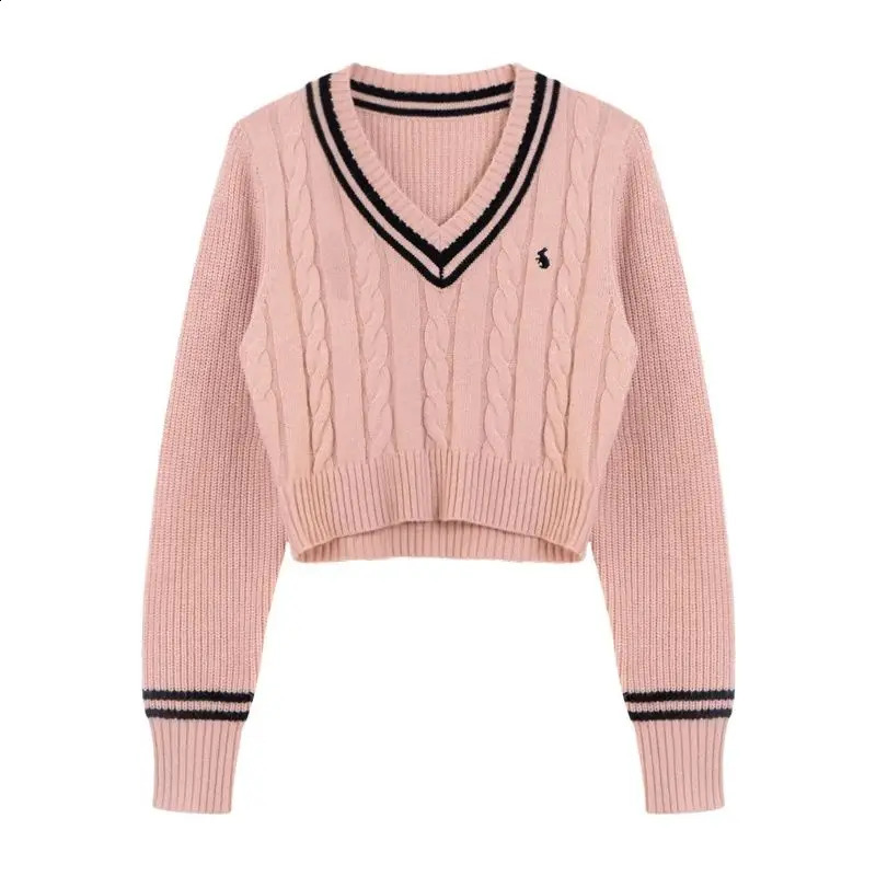 HOUZHOU Korean Vintage Sweaters Autumn Old Money Style Women V-neck Embroidery Knitted Top Winter Preppy Long Sleeve Pullovers 240812