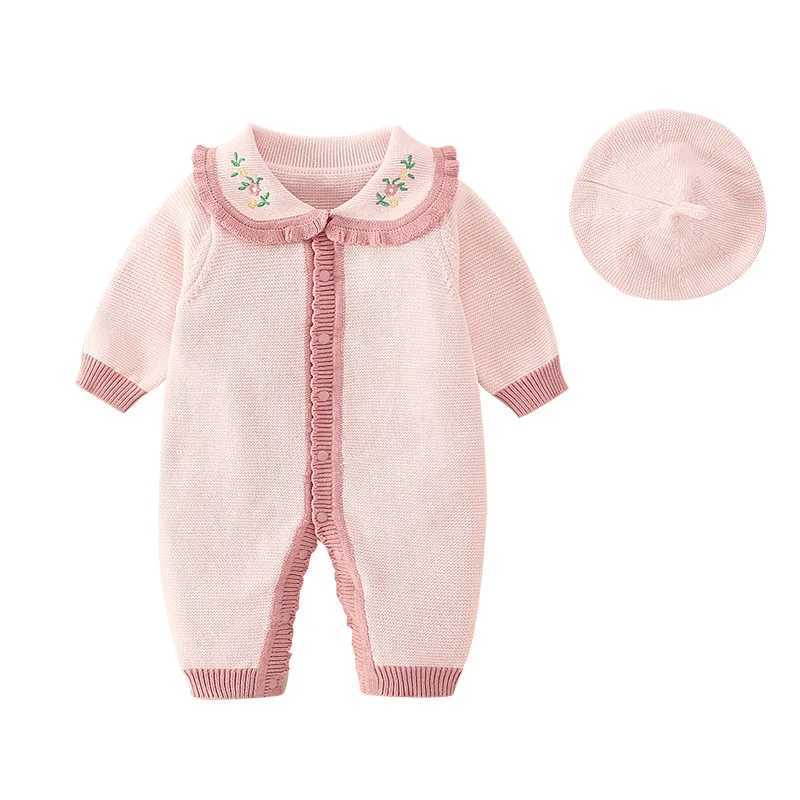 2024 Autumn Winter Newborn Girls Knitted Hoodie Cotton Long Sleeve Embroidered Collar Baby Girls Onesie Baby Girls Tight Clothes W240812