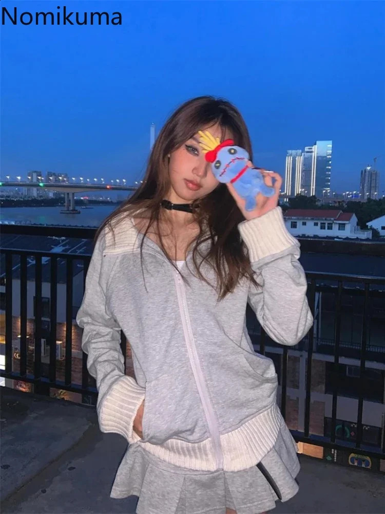 Patchwork Knit Stand Neck Hoodie Womens Clothing Casual Fashion Zipper Outwear Y2k Tops Solid Color Vintage Sweatshirts Jackets 240812