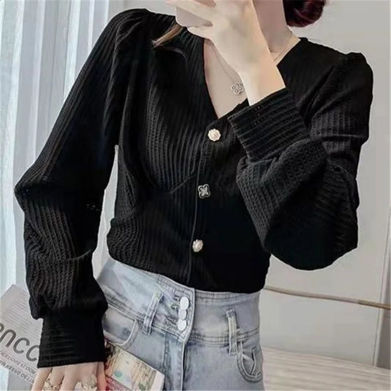 Womens Elegant Fashion V-neck Chic Sweet Buttons Cardigan Coat Spring Autumn Casual Street Solid Long Sleeve Slim Tops Clothing 240812