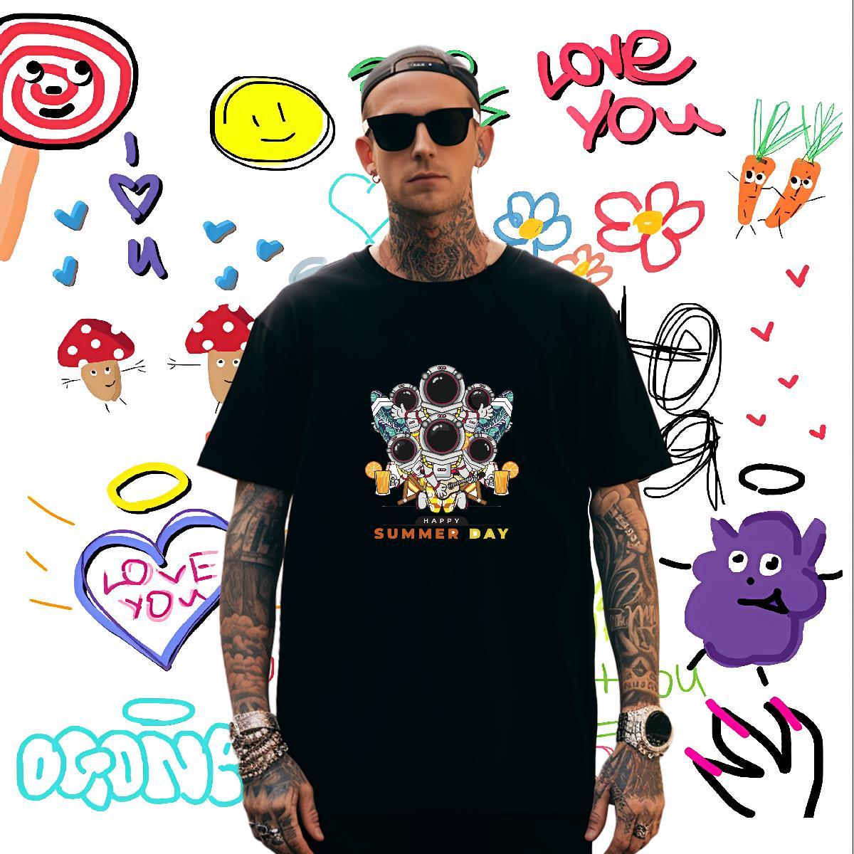T-Shirts for Men 230g 100% Cotton cosmonaut Street Casual Breathable Crew Neck DIY Couples T Shirts 2024 New Cool Design Top Tees