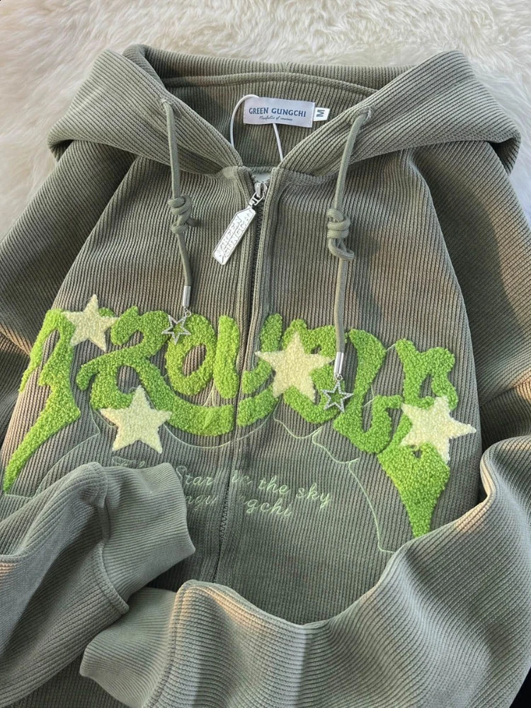 Deeptown Vintage Y2K Zip Up Hoodies Women Harajuku Letter Sweatshirts Hippie Gothic Streetwear Loose Casual Patchwork Top Coats 240812