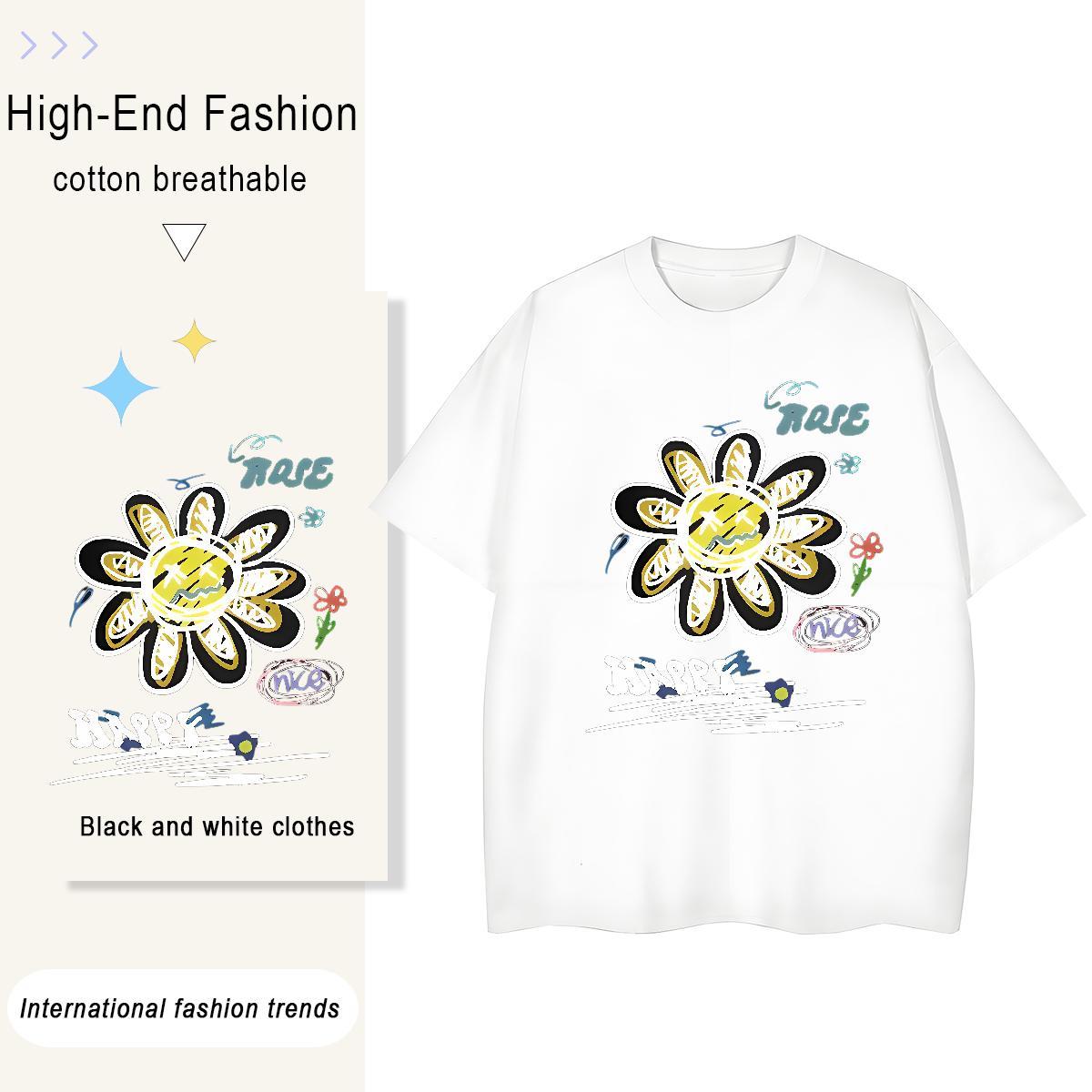 Loose Tshirts Anime Printing Street 230g Pure Cotton Oversized 3XL 4XL O-Neck Short Sleeve flower T Shirts Men Wholesale Clothings