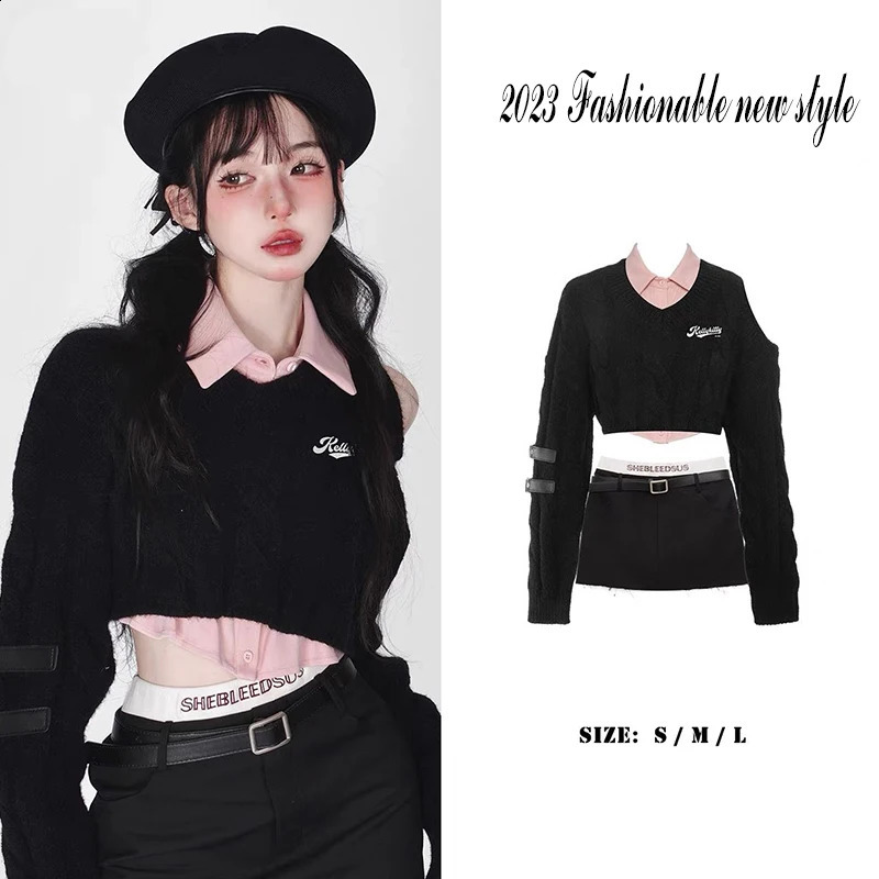 Korean Fashion Preppy style Sweet Pullover Spring Autumn Knitted Sweater Pink Vest Two peice sets Women Crop Knit Chic Top 240812