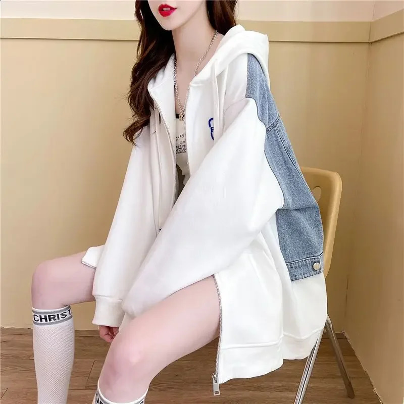 With Zipper Baggy Black Woman Clothing Full Zip Up Hooded Grey Long Splicing Hoodies Womens Sweatshirt Top Loose Matching Kpop 240812