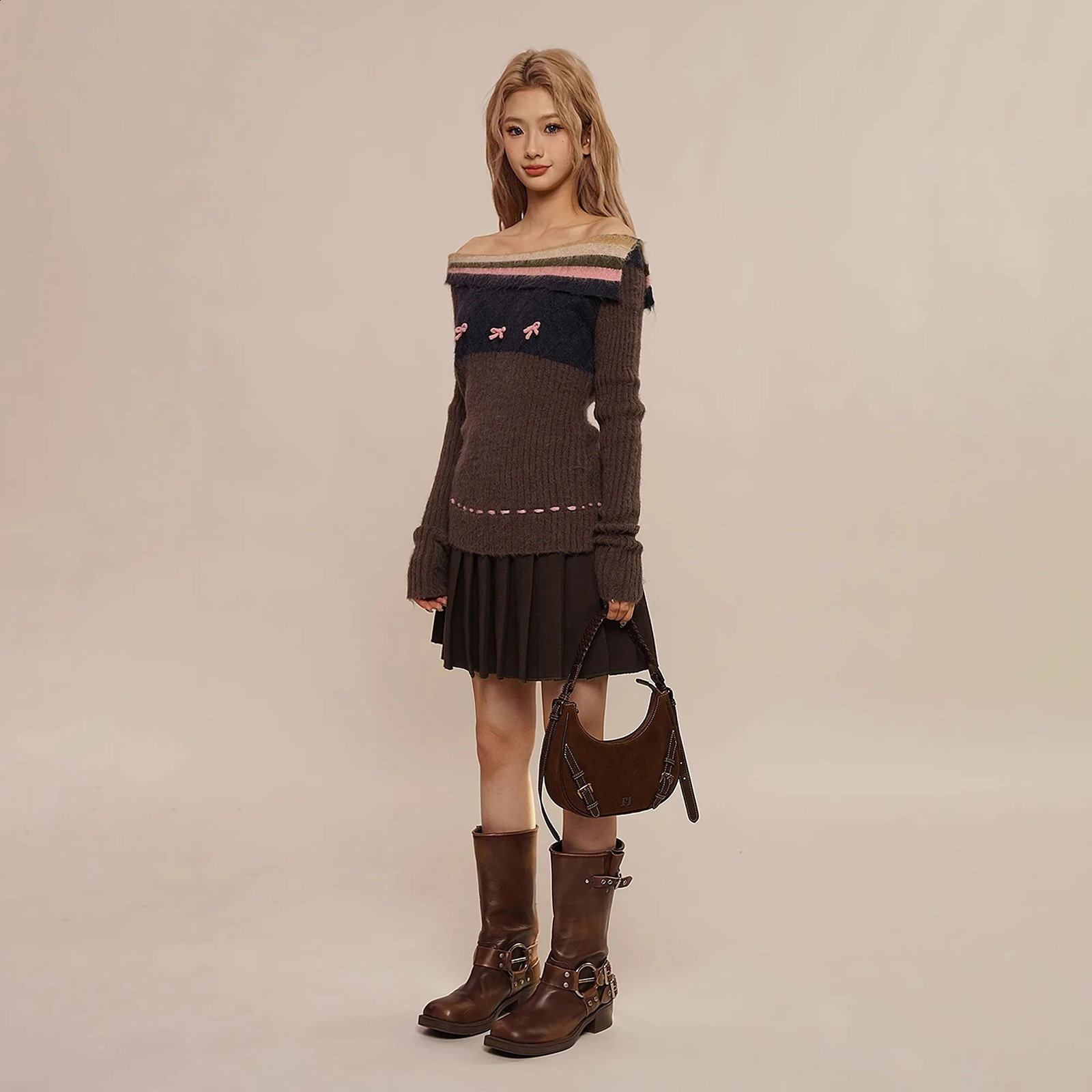 Autumn Winter Preppy Style Sweet Bow Sweater Women Slim Striped Knitted Pullover Loose Korean Fashion Brown High Street Jumper 240812