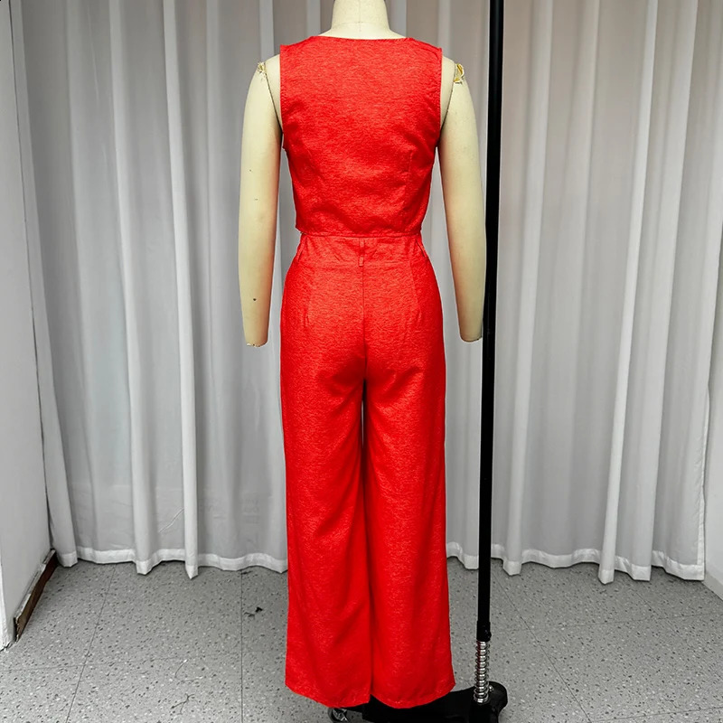 Wefads Two Piece Set Women Summer Casual Chic Solid V Neck Sleeveless Single Breasted Button Top Loose With Pockets Pants Sets 240813