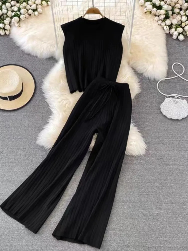 Knitted Autumn 2 Two Piece Set Women Sleeveless Bodycon Modis Ladies Tops High Waist Wide Leg Pants Woman 240813
