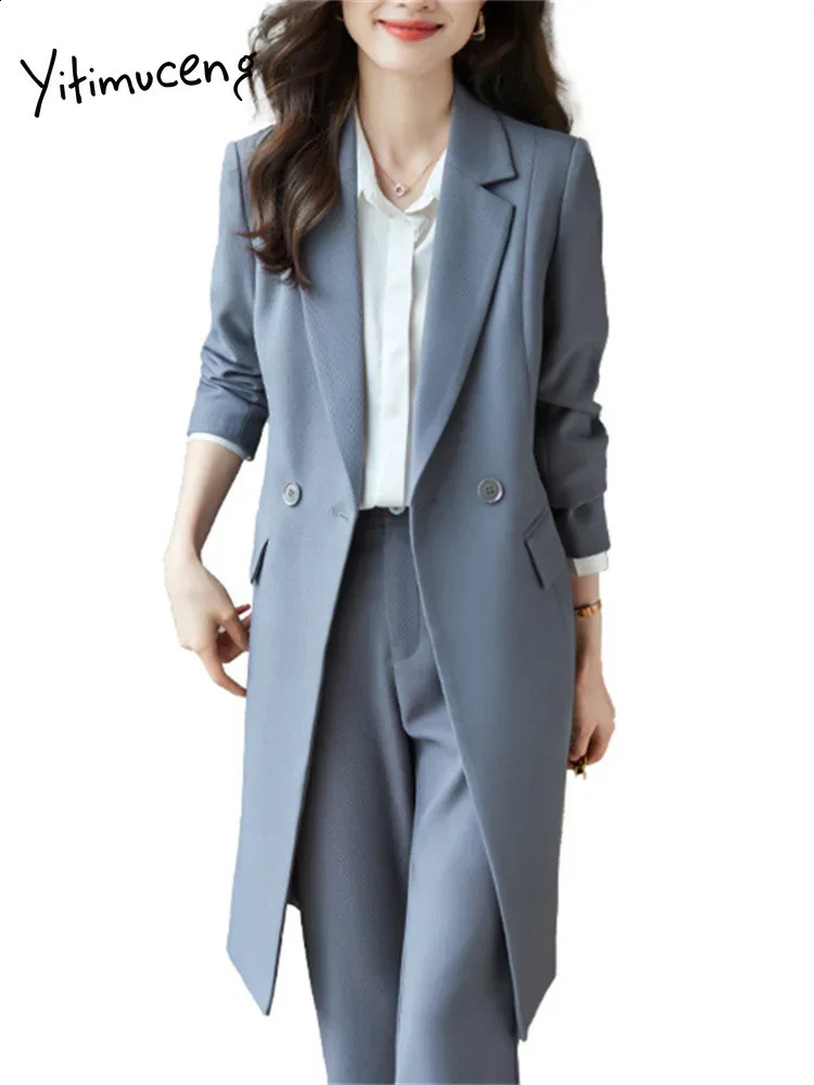 Yitimuceng Solid Two Piece Womens Set Redemption Single Chest Long Coat Office Casual Pants 240812