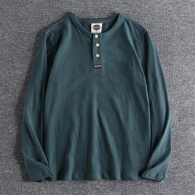 Autumn Japanese Retro Long Sleeve Henry Collar Solid Color T-shirt Mens Fashion Pure Cotton Washed Casual Tops 240812