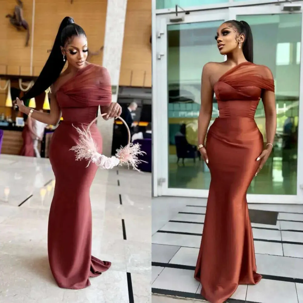 Brown Bridesmaid Mermaid One Shoulder Tulle Elastic Satin Maid Of Honor Dresses Simple Style Elegant Wedding Guests Gowns