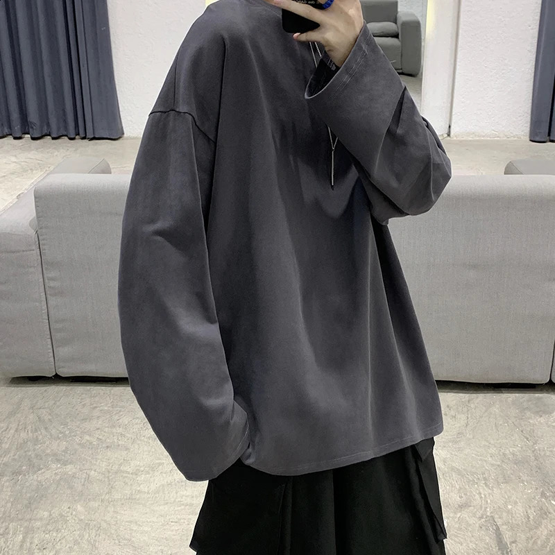 High Qualtity Oversized T-shirt for Men Long Sleeve Tee Cotton Solid Color Trend Leisure Black Grey White Korean Fashion T Shirt 240812