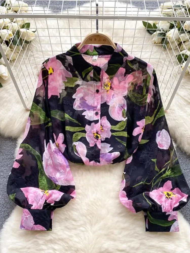 Spring Autumn Temperament Fashion Retro Chiffon Floral Blouses Print Loose Lapel Puff Sleeve Top Button Up Shirt Female GD611 240813