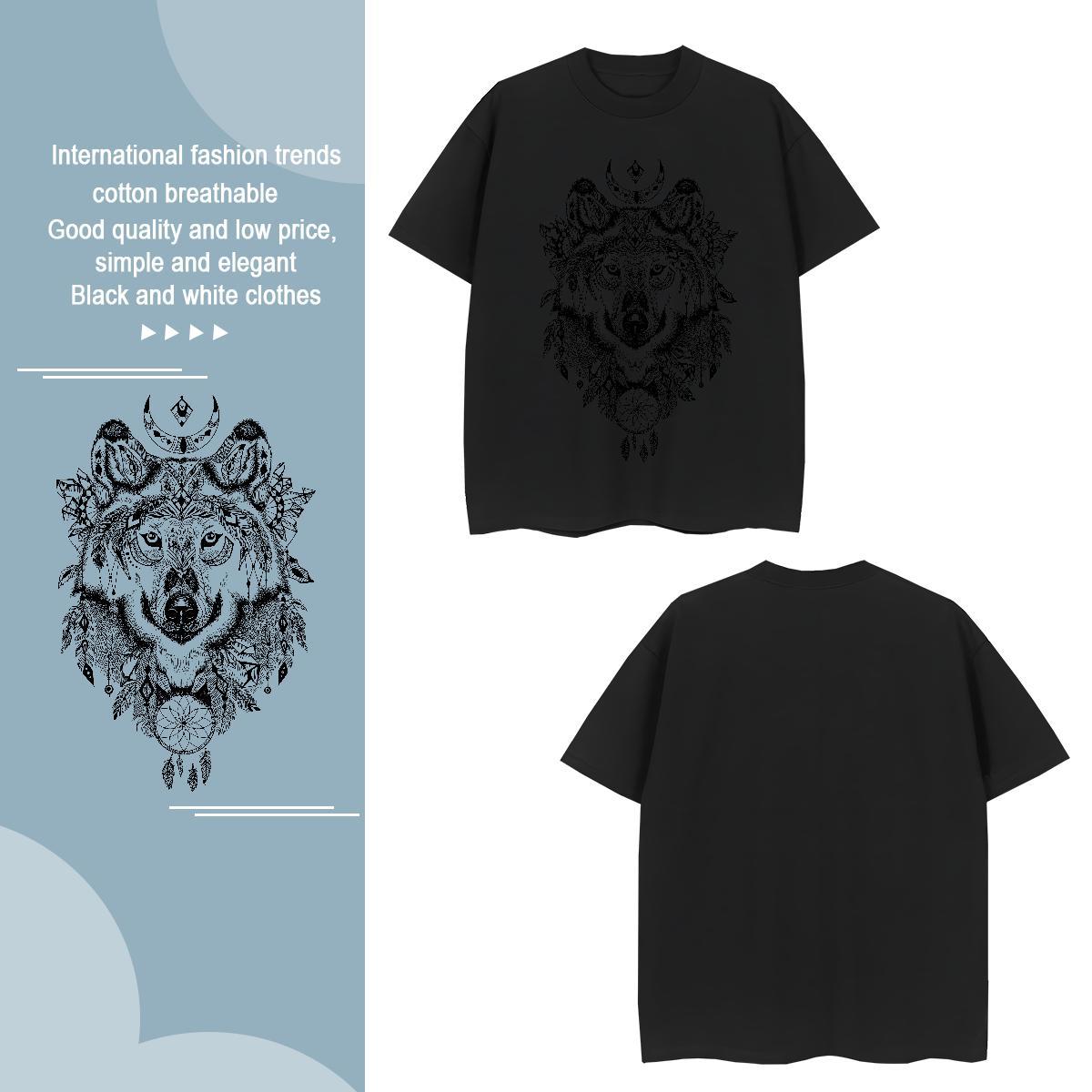 Unisex Mens T Shirts wolf O-Neck Short Sleeve Hip Hop Street Black White 230g Pure Cotton Mens Tshirts Fashion New Tee Shirt