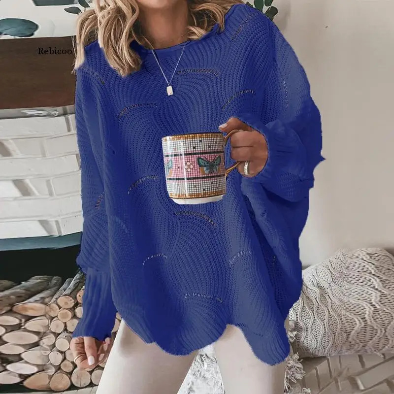 Women Hollow Out Sweater Elegant Spring Autumn Loose S Knitted Pullovers Female Winter Casual o Neck Solid Color Sweaters 240813