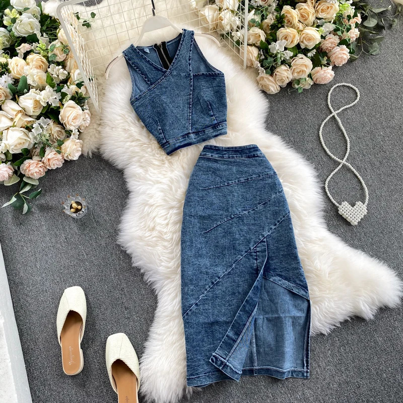 Amolapha Women Denim VestSkirts Sets Sleeveless Straps TopsJean Skirt Suit Outfits 240812