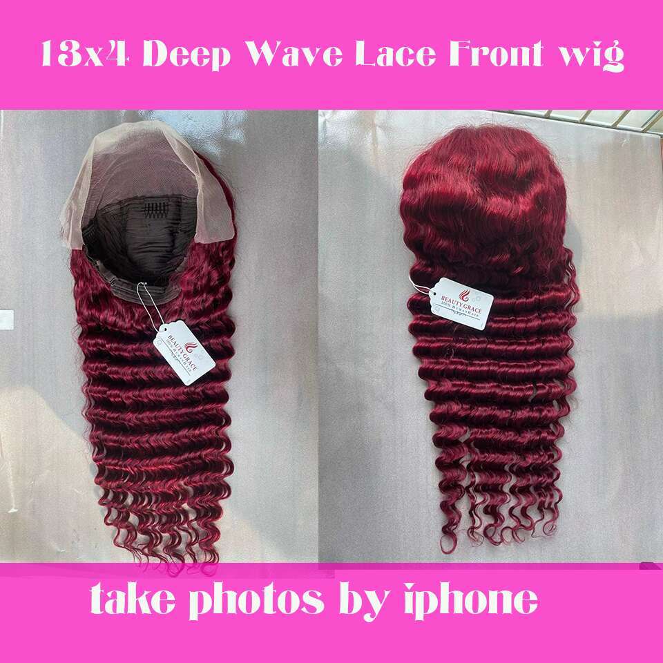 13X4 Deep Wave HD Transparent 99J Front Wigs 28 Inch Lace Frontal Prepluck Human Hair Wig