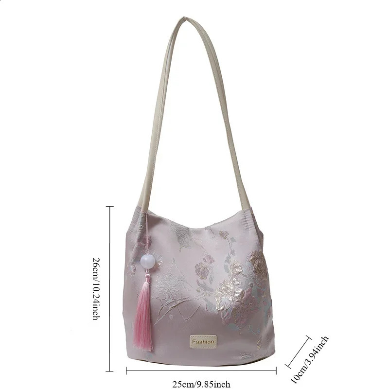 Chinese style floral embroidery bucket handbag for women Han Fu paired with butterfly PU strap satin shoulder bag 240813