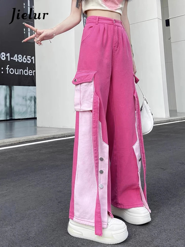 Jielur Pink Autumn Spell Color Straight Jeans High Waist Sexy Y2k Casual Fashion Streetwear Chic Loose Female Cargo Pants 240813