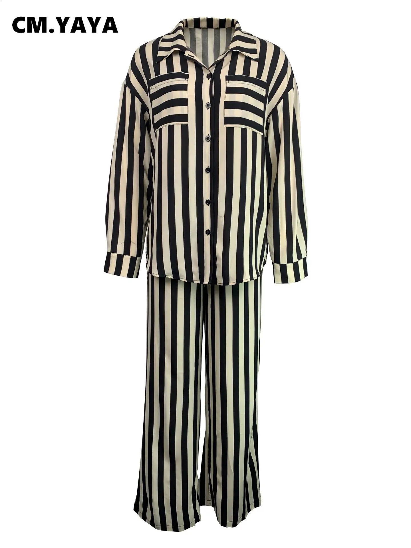 CM.YAYA Striped Womens Set Long Sleeve Pocket Shirt and Straight Wide Leg Pants Fashion Two 2 Piece Sets Outfit Tracksuit 240813