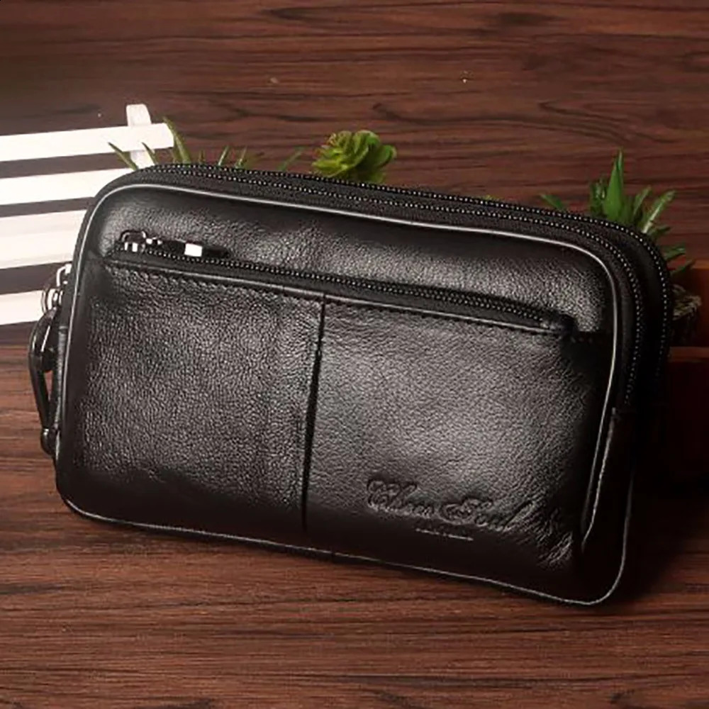 Mens clutch waist bag phone case cover genuine leather mens genuine cowhide hook Hip strap bag wallet Fanny bag 240812