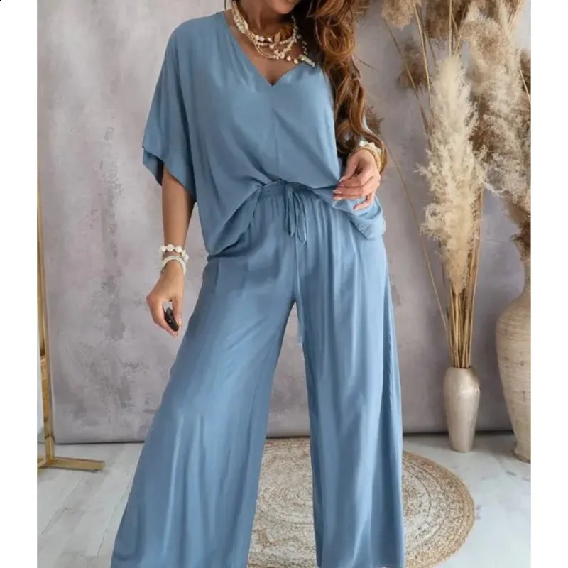 2024 Long Pant Sets Summer two piece set For Women V neck Bat Sleeve Casual Loose Wide-leg Pants 2 piece set solid color Outfits 240813
