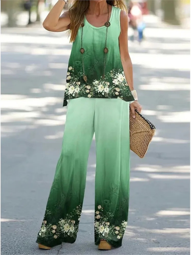 Summer Print Suit 2024 Women Sleeveless Round Neck Top Wide Leg Pants Set Two Piece Set Loose Casual Womens Clothing 240813