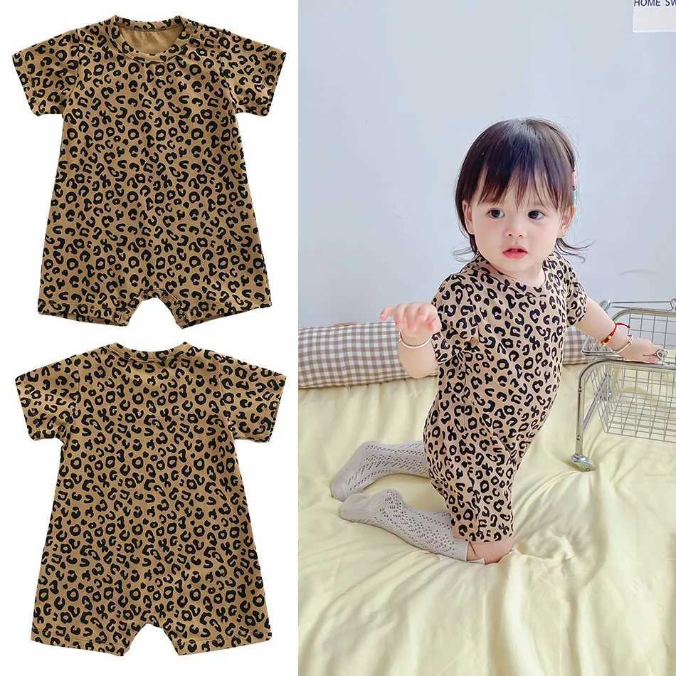 Newborn baby boy and girl clothing summer cute leopard print jumpsuit sweet cotton jumpsuit short sleeved baby clothing 0-24M W240812
