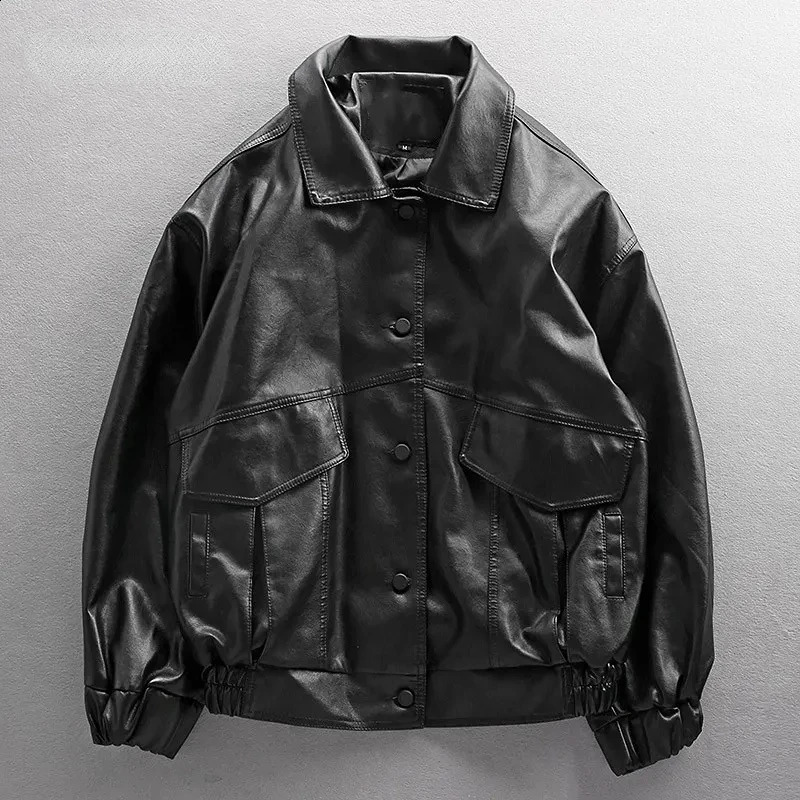 European and American street PU leather jacket trend loose fit suitable for motorcycle clothing womens pilot couple 240812