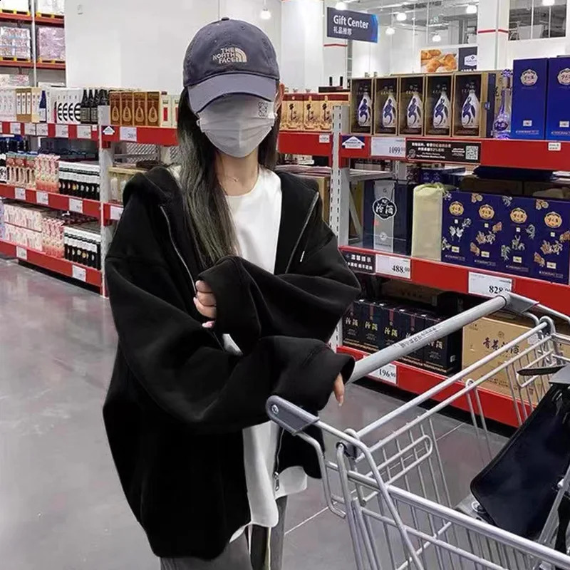 Sweatshirt Spring and Fall Hooded Cardigan with Womens Large Size Students Casual Loose Thin Zipper Simple Jacket 240812