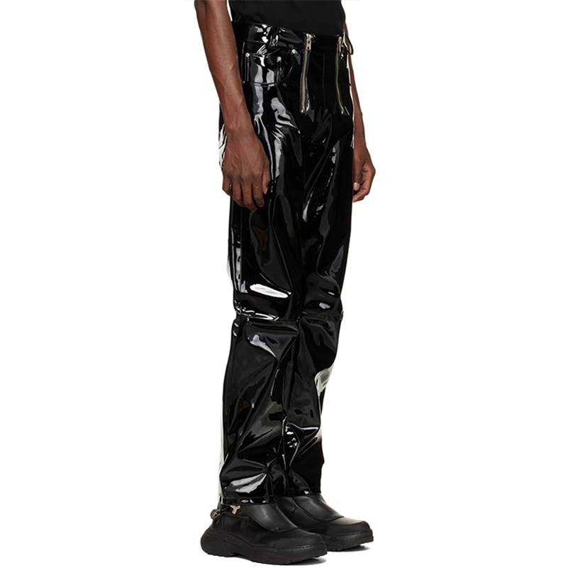 Mens Fashion Shiny Faux Leather Straight Pants Male Splicing Glossy PU Slim Trousers With Pockets Party Street Clubwear Custom y240812