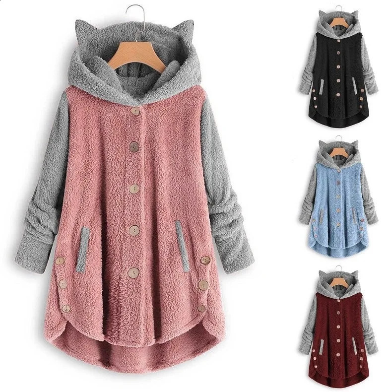 Cat Print Long Hoodies Sweatshirt Women Fleece Warm Button Pocket Pullovers Cat Ear Plus Size Hoodie Top Blouse Sweat Femme 240813
