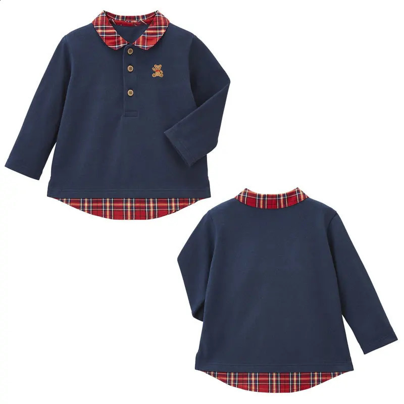 Autumn Boys and Girls Checkered Polo Shirts Cartoon Little Bear Embroidery Blouses Long Sleeve T-shirt Korean Kids 240810