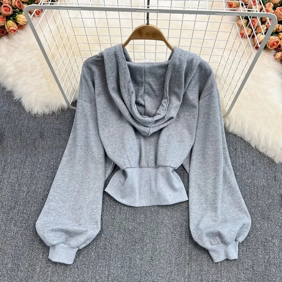 High Waist Short Street Style Womens Spring Autumn Hoodie Fashion Slim Solid Color Zipper Jackets Female Sweatshirts Top 240812