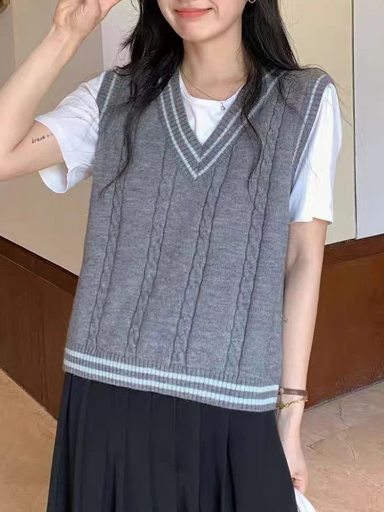 Jmprs Preppy Style Women Vest Sweaters Korean V Neck Striped Knitted Tops Fall Elegant Sweet Casual Female All Match Vest Coats 240812
