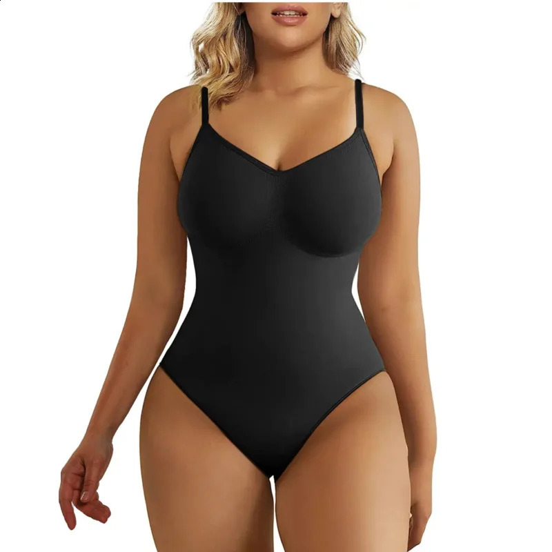 Vneck spaghetti strap bodysuit compression open crotch slimming smooth out 240812