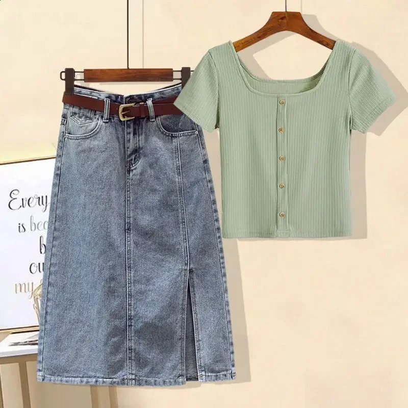 Summer Style Womens Denim Skirt Set Slimming Short Sleeves Top Belly Covering 2-piece Clothing For Women 240812