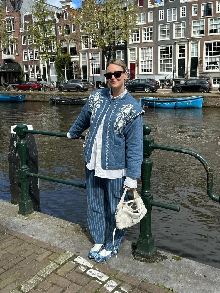 Womens fashionable floral print patch work open seam jacket elegant Oneck long sleeved pocket fully matched streetwear 240808