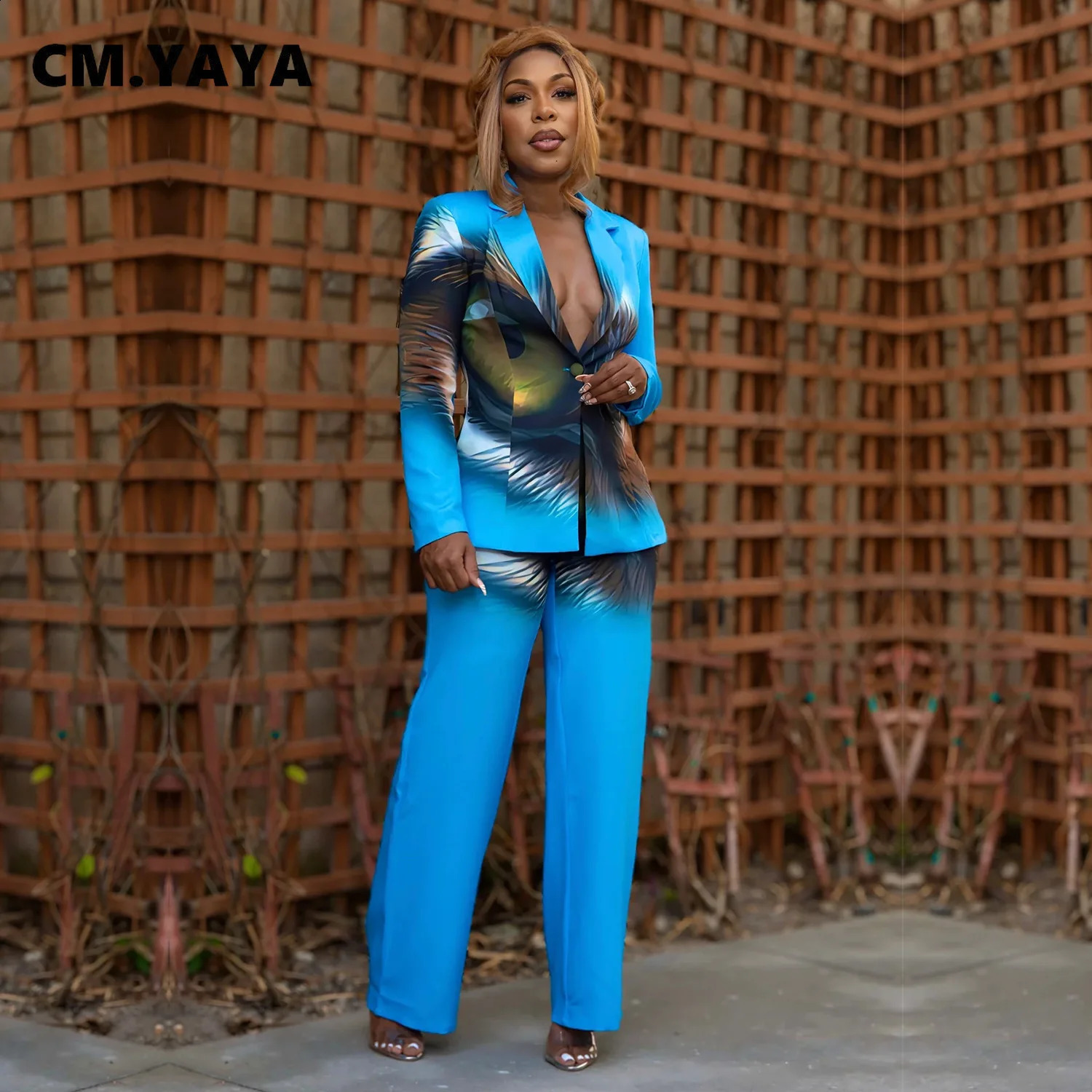 CM YAYA Elegant Full Set Printed Sports JacketWide Leg Pants Two Piece Womens Classic OL Street Clothing Song 240812