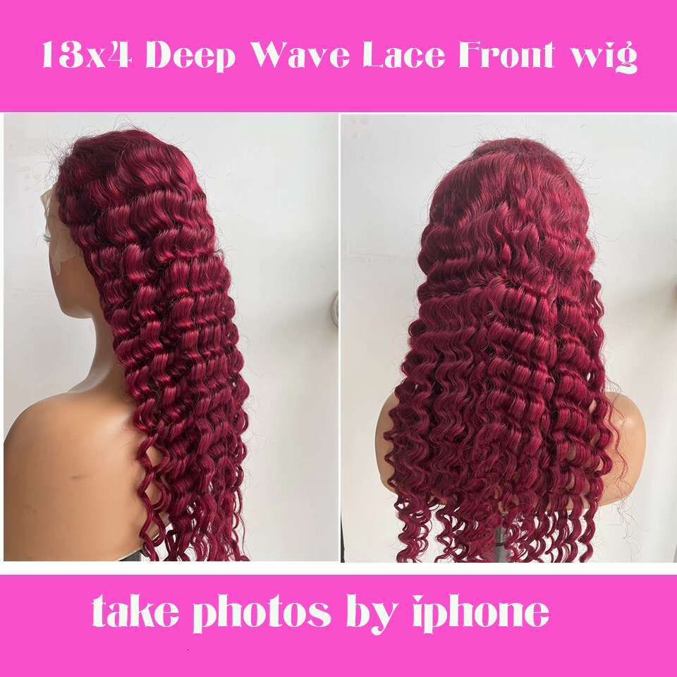 13X4 Deep Wave HD Transparent 99J Front Wigs 28 Inch Lace Frontal Prepluck Human Hair Wig
