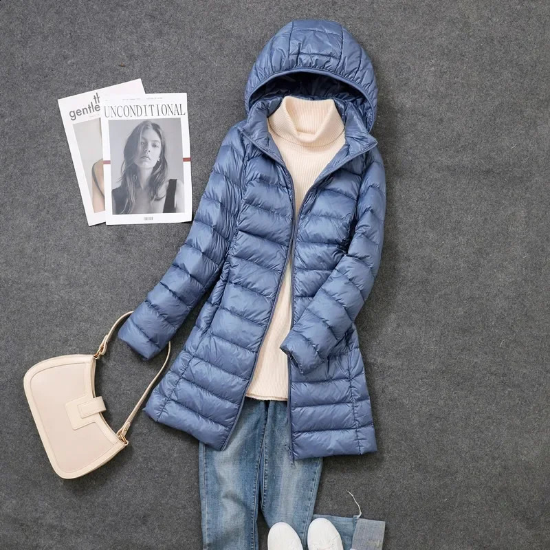 2024 Women Spring Jacket Ultralight Thin Packable Down Long Jacket Female Hat Detachable Slim Fit Skirt Coat Portable Outwear 240813